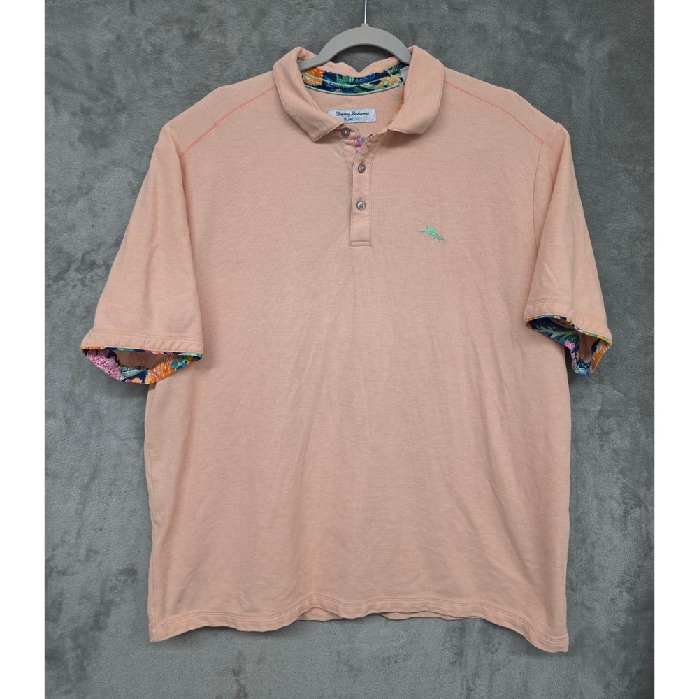 Tommy Bahama IslandZone Mens XXL Polo Shirt Peach Heather Tropical Trim Marlin